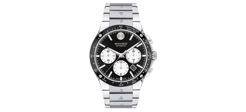 Movado  Alta SE Automatic Chronograph watch with silver bracelet and black  dial